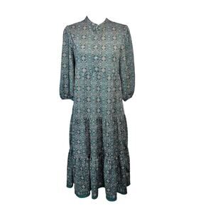 Max Studio Blouse size Small Hunter Green Pink Floral Peasant Boho Midi Modest